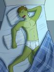 anthro barefoot bed bedroom biped briefs brown_hair bulge clothed clothing eyes_closed feet furniture hair inside male navel nipples open_mouth pillow sleeping solo teeth tighty_whities topless underwear white_briefs white_clothing white_underwear fuze gabriel_(fuze) alligator alligatorid crocodilian reptile scalie 3:4 hi_res