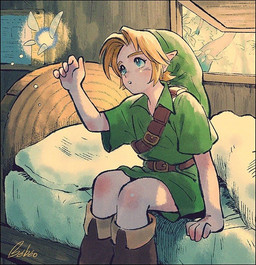 bed belt blonde_hair blue_eyes boots clothing detailed_background duo footwear furniture hair humanoid_pointy_ears light_body light_skin male not_furry on_bed pillow plant pointy_ears shirt shoes sitting topwear tree tunic wings kwsby_124 nintendo ocarina_of_time the_legend_of_zelda navi young_link elf fairy humanoid hylian signature