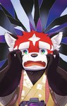 anthro asian_clothing black_body black_nose bodily_fluids camera clothing crying cute_fangs east_asian_clothing fangs japanese_clothing kemono red_body sad solo tears teeth white_body young 5groo5 lifewonders tokyo_afterschool_summoners zhurong_(tas) ailurid mammal red_panda 2021 absurd_res hi_res