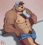 abs anthro arm_support backwards_baseball_cap backwards_hat barazoku baseball_cap beard beverage biceps big_muscles biped black_nose blue_bottomwear blue_clothing blue_underwear body_hair bottomwear boxer_briefs brown_body brown_fur brown_hair brown_tail bulge chest_hair chest_tuft clothed clothing coffee container countershade_face countershade_torso countershading crotch_tuft cup facial_hair front_view fur green_eyes grey_horn hair hat headgear headwear holding_container holding_cup holding_object horn leaning leaning_backward leaning_on_elbow licking licking_lips licking_own_lips male multicolored_body multicolored_fur muscular muscular_anthro muscular_male nipple_piercing nipples pecs piercing pink_nipples pink_tongue pubes self_lick solo tail tan_body tan_countershading tan_fur tongue tongue_out topless tuft two_tone_body two_tone_fur underwear unzipped zipper rheobear iotran starbucks iotran_(character) bear hybrid mammal 2017 cel_shading digital_media_(artwork) hi_res portrait shaded signature three-quarter_portrait