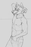 arch bottomwear canid canine canis clothed clothing coon denim denim_bottomwear denim_clothing domestic_dog hi_res jeans licking line_art male mammal monochrome orioz pants pinup portrait pose solo three-quarter_portrait tongue tongue_out topless wolf