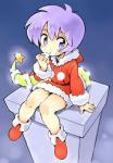 2013 5_fingers blush christmas clothed clothing eating female fingers food footwear green_tail hair holidays hoodie humanoid oyatsu purple_eyes purple_hair shoes sitting solo tail topwear
