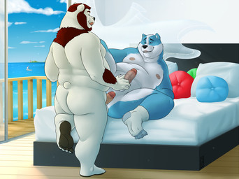 anthro anthro_on_anthro balls bed bodily_fluids clothing countershade_torso countershading duo erection footwear furniture genital_fluids genitals glans humanoid_genitalia humanoid_penis inside looking_at_another lying male male/male male_anthro mostly_nude mostly_nude_anthro mostly_nude_male nipples nude nude_anthro nude_male on_back on_bed overweight overweight_anthro overweight_male penis pillow precum socks spread_legs spreading standing kronexfire badger bear mammal mustelid musteline 2019