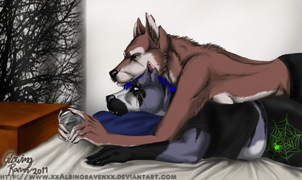 anthro bed bedroom brown_body brown_fur claws clothing cropped_ears duo electronics facial_piercing facial_scar female fur furniture game_console gaming green_eyes hair handheld_console lying male male/female nose_piercing on_top piercing playing_video_game scar glowingraver game_boy_advance game_boy_family nintendo gee_(glowingraver) glowy_(glowingraver) hailstorm american_pit_bull_terrier canid canine canis coyote domestic_dog hunting_dog mammal pit_bull terrier 2011