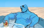 anthro barazoku beverage beverage_can blue_body blue_fur blue_nipples eyewear eyewear_on_head floppy_ears fur holding_beverage holding_object looking_at_viewer male muscular muscular_anthro muscular_male nipples smile smiling_at_viewer solo sunglasses sunglasses_on_head maceduu monica's_gang skol blu_(monica's_gang) canid canine canis domestic_dog mammal 2021