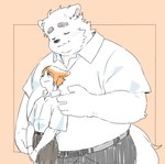 anthro belly blush bottomwear clothing duo eyes_closed humanoid_hands kemono male overweight overweight_male pants shirt simple_background size_difference topwear inunoshippo canid canine canis domestic_dog mammal 2024 hi_res