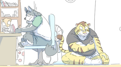 anthro bottomwear clothing detailed_background duo electronics humanoid_hands male overweight overweight_male phone pink_nose shirt shorts sitting topwear underwear beakbum canid canine felid mammal pantherine tiger 2015 hi_res