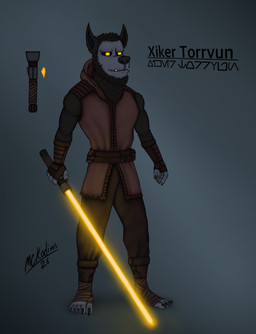anthro barefoot black_body black_fur clothing crystal feet foot_wraps fur grey_body grey_skin jedi lightsaber male melee_weapon robe solo standing text weapon wraps yellow_eyes yellow_lightsaber mckodimus star_wars star_wars:_the_old_republic xiker_(mckodimus) alien canid canine canis mammal shistavanen wolf absurd_res aurebesh_text character_cipher english_text hard_translated hi_res model_sheet translated