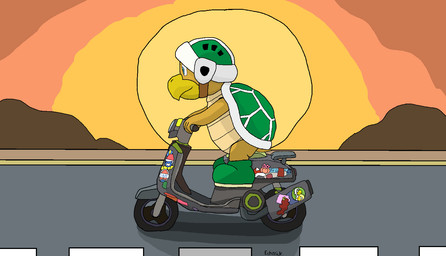 4_fingers anthro armor blue_eyes boots clothing fingers footwear headgear helmet male moped mountain road scales shoes solo sticker stickers_on_object sun sunset tail vehicle yellow_body yellow_scales echsrick mario_bros mario_kart mario_kart_world nintendo bro_(koopa) hammer_bro koopa reptile scalie turtle hi_res