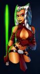 armwear black_background blue_eyes bottomwear breasts cleavage clothed clothing elbow_gloves female fingerless_gloves gloves green_lightsaber handwear head_tails lekku_(anatomy) lightsaber lips loincloth looking_at_viewer melee_weapon navel not_furry orange_body orange_skin reverse_grip simple_background solo teasing weapon wide_hips rockbottomfeeder star_wars ahsoka_tano alien alien_humanoid humanoid togruta hi_res