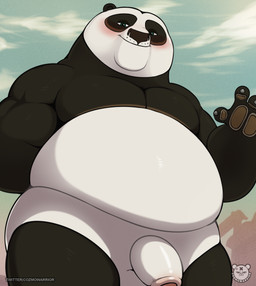 anthro belly big_belly black_body black_fur black_nose blush brown_body brown_fur brown_pawpads claws finger_claws flaccid foreskin front_view fur genitals glans grey_claws half-closed_eyes hand_behind_back huge_belly huge_thighs looking_down male muscular muscular_anthro muscular_male narrowed_eyes nude overweight overweight_anthro overweight_male pawpads penis pink_glans raised_hand smile thick_thighs whisker_spots white_body white_fur white_penis wide_hips cozmowarrior dreamworks kung_fu_panda master_po_ping bear giant_panda mammal 2025 absurd_res hi_res