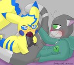 anthro arm_support balls blue_body blue_eyes blue_fur blue_hair_tips blue_pupils blue_sclera blush bodily_fluids bottomless caressing_face clothed clothing crotch_tuft deep_throat duo ears_down fellatio feral fur genitals green_pupils grey_body grey_fur hand_on_leg hand_on_penis hand_on_thigh heart_eyes heart_symbol hood hoodie hoodie_only intimate leaning leaning_backward leaning_on_elbow lying male male/male on_back on_bedding on_side oral oral_penetration penetration penile penis pivoted_ears pupils rubbing_penis saliva saliva_on_penis sex shaking shallow_penetration shy spread_legs spreading submissive topwear topwear_only trembling tuft yellow_body yellow_fur zipper sparkchu01 nintendo pokemon buttons_(milachu92) sparkchu felid feline generation_1_pokemon mammal pikachu pokemon_(species) rodent absurd_res hi_res