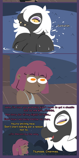 anthro barefoot black_body black_eyes black_skin bottomwear clothing dark_body dark_skin docks duo eyeshadow fangs feet gynomorph hair intersex intersex/male island larger_gynomorph larger_intersex magenta_hair makeup male moon night overweight overweight_gynomorph overweight_intersex sea shirt shorts size_difference tank_top teeth text topwear water white_hair yellow_eyes yellow_sclera shane_frost aquatic cetacean human mammal whale absurd_res english_text hi_res long_image tall_image