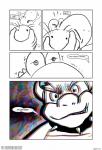 anthro anthrofied begging black_and_white blush bodily_fluids bowser clothing collar comic dialogue dizzy duo english_text flying_sweatdrops forced gloves handwear hi_res koopa line_art male male/male mario_bros monochrome motion_lines muskie naughty_face nintendo nipples nude psychedelic scalie scared smile smirk speech_bubble spiked_collar spikes struggling sweat sweatdrop t0l0k text wide_eyed yoshi