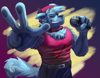 5_fingers anthro belt clothing collar fingers foreshortening gesture hand_gesture hat headgear headwear holding_object male one_eye_closed prohibition_sign simple_background solo tail text wearing_hat powerrabbi friday_night_funkin' boyfriend_(fnf) canid canine canis mammal wolf artist_name hi_res