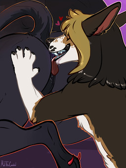 anal anthro anus black_body black_fur blonde_hair brown_body brown_fur brown_hair duo eyes_closed fur hair heart_symbol kneeling male male/male male_anthro nude nude_anthro nude_male open_mouth oral pointy_ears prick_ears raised_tail rimming sex tail tan_body tan_fur teeth tongue tongue_out white_body white_fur meldritchhorror ruska canid canine canis demon domestic_dog equid equine herding_dog horse mammal pastoral_dog welsh_corgi 2018 3:4 hi_res