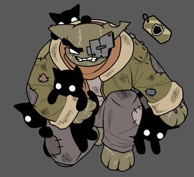 3_fingers 4_toes ambiguous_anthro ambiguous_feral ambiguous_gender anthro anthrofied barefoot biped black_body black_fur bottomwear brown_body brown_ears brown_fur carrying_another clenched_teeth climbing_on clothed clothing coat collar_tag empty_eyes eye_patch eyebrows eyewear feet feral fingers front_view fully_clothed fur grey_background grey_bottomwear grey_clothing grey_pants group kneeling looking_at_viewer monotone_body monotone_fur notched_ear pants patch_(fabric) paws pose protective scar scarf simple_background teeth toes topwear white_eyes young young_ambiguous discommunicator mewgenics maisie_(mewgenics) domestic_cat felid feline felis mammal 2026 aliasing binary_drawing colored digital_drawing_(artwork) digital_media_(artwork) full-length_portrait portrait female_(lore)
