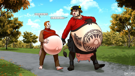 anklet anthro barefoot beard belly big_belly bottomwear breasts clothing cloud duo ear_piercing eyewear facial_hair feathers feet female glasses grass hand_holding hat headgear headwear hooves horn huge_belly hyper hyper_belly jewelry kilt male navel necklace outie_navel park piercing plant pregnant pregnant_male tattoo tree udder_piercing agroalba owligatorstudios agro_alba_(character) segremores avian barn_owl bird bovid bovine cattle mammal owl tyto tytonid 16:9 2022 widescreen