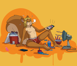 anthro beverage big_tail blonde_hair bodily_fluids cellphone clothed clothing cooler dazed electric_fan electronics food fur green_eyes hair heat_(temperature) male multicolored_body multicolored_fur open_mouth oscillating_fan overheated phone popsicle simple_background slushie smartphone soda solo sweat tail topless two_tone_body two_tone_fur underwear newd ash_greytree mammal rodent sciurid absurd_res hi_res smaller_version_at_source