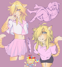 :3 anthro belly blonde_hair blue_eyes bottomwear claws clothing femboy fur group hair hat headgear headwear hug male orange_body orange_fur propeller_hat skirt smug_face solo tongue tongue_out yutsi_catboi ikea blahaj domestic_cat felid feline felis mammal