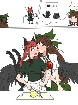 2_tails 4_ears accessory apron black_wings blush bottomwear bow_ribbon braided_hair brown_hair clothed clothed_female clothed_humanoid clothing cutlery cutting_board dress duo feathered_wings feathers female female/female food fruit furgonomics green_bottomwear green_clothing green_dress green_skirt hair hair_accessory hair_bow hair_ribbon heart_symbol holding_knife holding_object humanoid_pointy_ears kissing kissing_cheek kitchen_knife kitchen_utensils knife lemon multi_ear multi_tail pigtails plant pointy_and_animal_ears pointy_ears red_hair ribbons shirt skirt tail tail_accessory tail_bow tail_ribbon thought_bubble tools topwear twin_braids twintails_(hairstyle) white_apron white_clothing white_shirt white_topwear wings cbqsharky asian_mythology east_asian_mythology japanese_mythology mythology touhou rin_kaenbyou utsuho_reiuji animal_humanoid avian avian_humanoid cat_humanoid felid felid_humanoid feline feline_humanoid humanoid mammal mammal_humanoid nekomata winged_humanoid yokai 3:4 absurd_res comic hi_res