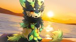 2_horns 4_fingers anthro biped black_body black_fur blue_eyes blush blush_lines chest_tuft day dragon_horn dragon_tail fangs fingers fluffy fluffy_tail fur glistening green_body green_fur heterochromia horn inner_ear_fluff kemono light looking_at_viewer male multicolored_body multicolored_fur neck_tuft open_mouth open_smile outside reaching reaching_towards_viewer reflection sea seaside side_view sky smile solo standing sun sunlight sunset tail teeth tuft water water_reflection white_body white_fur yellow_eyes hlg7777 mythology dragon furred_dragon furred_scalie mythological_creature mythological_scalie scalie 16:9 2025 digital_drawing_(artwork) digital_media_(artwork) hi_res shaded wallpaper widescreen