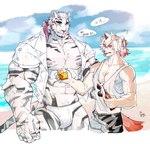 1_horn abs anthro barazoku beach blep briefs clothing duo eyes_closed hair horn looking_at_another male multiple_scars pecs sea seaside shirt sky sleeveless_shirt striped_body stripes tied_hair tongue tongue_out topwear underwear water white_clothing white_shirt white_topwear p2yong arknights hypergryph mythology studio_montagne hung_(arknights) mountain_(arknights) canid canine canis domestic_dog felid mammal mythological_creature pantherine tiger hi_res