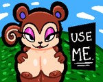 anthro bedroom_eyes big_breasts breasts command female leaning leaning_forward narrowed_eyes nipples requesting seductive sex_request solo tail text pixelcap animal_crossing nintendo pecan_(animal_crossing) mammal rodent sciurid tree_squirrel 5:4 hi_res