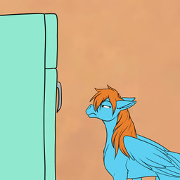 ambiguous_gender appliance blue_body blue_fur blue_wings feral freezer fridge frown fur green_eyes kitchen_appliance looking_at_object mane orange_mane scowl simple_background solo wings foxenawolf hasbro my_little_pony mythology cardinal_shield_(swordfox) james_carter_(swordfox) equid equine mammal mythological_creature mythological_equine pegasus 1:1 2026 absurd_res colored flat_colors hi_res story story_in_description