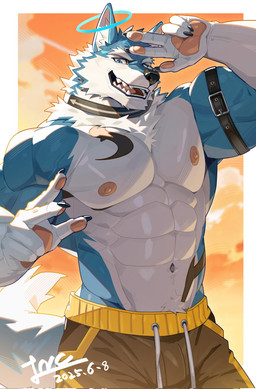 abs anthro belt biceps blue_eyes bottomwear clothing eyebrows fur looking_at_viewer male multicolored_body muscular muscular_anthro muscular_male navel nipples pants pecs solo tail teeth two_tone_body forgetch canid canine mammal 2025 digital_drawing_(artwork) digital_media_(artwork) hi_res