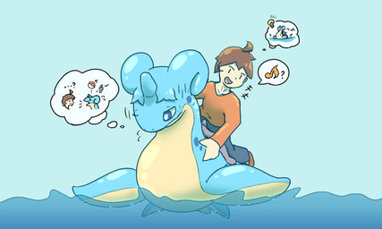 after_transformation ambiguous_gender begging_for_help blue_body blue_hair blue_scales clothed clothing duo feral flippers hair horn iconography implied_transformation light_bulb loss_of_speech male misunderstanding musical_note musical_symbol open_mouth partially_submerged pokeball pokemon_speak scales shell simple_background speech_bubble symbol tan_body tan_scales thought_bubble water kareha_21909 nintendo pokemon generation_1_pokemon human lapras mammal pokemon_(species) 5:3 hi_res
