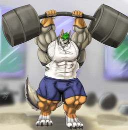 4_toes 5_fingers absurd_dumbbell anthro big_muscles blurred_background bottomwear bulge clothing digitigrade dumbbell earpiece exercise feet fingers fur green_hair grin hair holding_barbell holding_object huge_muscles hyper hyper_muscles male multicolored_body multicolored_fur muscular muscular_anthro muscular_male pants shirt shorts smile solo sweatshirt toes topwear torn_clothing weightlifting weights workout fierglief seela_wolf canid canine canis mammal wolf 2015 hi_res