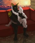 anthro duo hug male male/male sitting_on_another sunset badbadlamb adastra adastra_(series) echo_project cassius_(adastra) neferu_(adastra) canid canine canis jackal mammal wolf