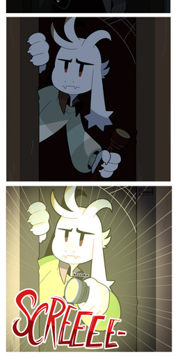 anthro clothing duo flashlight fur green_clothing green_shirt green_topwear inside male red_eyes shirt text topwear white_body white_fur akanemnon deltarune undertale undertale_(series) asriel_dreemurr kris_dreemurr bovid caprine goat human mammal 2024 absurd_res comic english_text hi_res nonbinary_(lore)