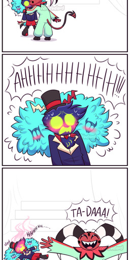 4_panel_comic aged_down anthro arms_out blue_body blue_clothing blue_feathers blue_shirt blue_topwear blush bodily_fluids bottomwear clothing clown_costume dialogue duo empty_eyes eyes_closed fainted feathers fluffy fluffy_chest forehead_tattoo green_eyes green_onesie hat headgear headwear heart_symbol horn interrobang kissing lying male male/male on_back onesie red_body red_bottomwear red_clothing red_shorts red_skin screaming shirt shorts spade_tail stage striped_horn stripes sweat ta-da tail tail_feathers talking_to_viewer text topwear young norithelord hellaverse helluva_boss asmodeus_(helluva_boss) fizzarolli_(helluva_boss) avian avian_demon demon humanoid imp 2022 absurd_res artist_name comic english_text hi_res watermark