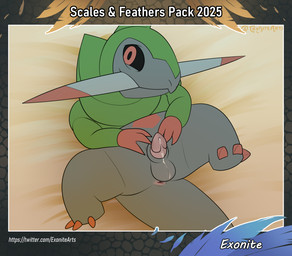 anus balls black_body bodily_fluids claws embarrassed feral front_view genitals green_body looking_at_viewer lying male multicolored_body on_back penis presenting presenting_penis red_eyes solo text toe_claws exonite nintendo pokemon fraxure generation_5_pokemon pokemon_(species) hi_res url