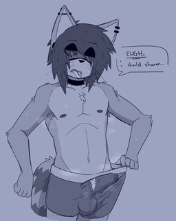 anthro barbell_piercing bodily_fluids boxer_briefs boxer_briefs_only choker clothed clothing dialogue ear_piercing ear_ring erection gauged_ear genitals half-closed_eyes humanoid_genitalia humanoid_penis industrial_piercing jewelry male markings musk musk_cloud narrowed_eyes necklace nipple_barbell nipple_piercing nipples one_eye_closed penis piercing ring_piercing solo speech_bubble striped_markings striped_tail stripes sweat sweatdrop tail tail_markings text tongue tongue_out topless underwear underwear_only vein veiny_penis wardrobe_malfunction aimpunch azura_(aimpunch) mammal procyonid raccoon absurd_res english_text hi_res monochrome