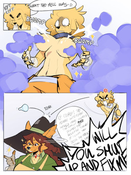 anthro big_breasts bodily_fluids breast_expansion breast_growth breasts bwomp cross-popping_vein dialogue duo expansion female female/female gender_transformation growth male male/female navel onomatopoeia smoke sound_effects surprised sweat sweatdrop text transformation nedwardo canid mammal 3:4 comic hi_res