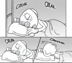 animate_inanimate bed clothing comic container cup cuphead_(game) dialogue english_text eyes_closed for_a_head furniture gloves greyscale handwear humanoid lying male monochrome mugman not_furry object_head on_bed on_side onomatopoeia pillow sleeping solo sound_effects speech_bubble text toxic-boner under_covers