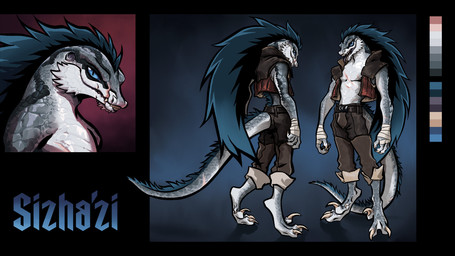 anthro bandage bottomwear claws clothed clothing digitigrade fingers furgonomics hair long_hair looking_at_viewer male open_mouth pants scar simple_background solo tail teeth text topwear vest maxspite dungeons_and_dragons hasbro wizards_of_the_coast lizardfolk_(dnd) lizardman scalie 16:9 digital_media_(artwork) full-length_portrait hi_res model_sheet portrait widescreen