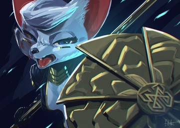 anthro blood bodily_fluids breasts cheek_tuft clothed clothing eyelashes facial_tuft fangs female fingers fur hair half-closed_eyes holding_object holding_weapon looking_at_viewer markings melee_weapon narrowed_eyes open_mouth shield skinsuit solo teeth tight_clothing tongue tuft weapon white_body white_fur white_hair el-k crown_(el-k) canid canine fox mammal digital_media_(artwork) hi_res