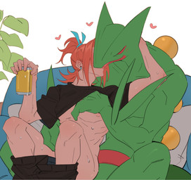 accessory alcohol anthro beer beverage beverage_can blush blush_lines bottomwear bottomwear_down clothed clothing clothing_lift duo ear_piercing ear_stud eyes_closed hair hair_accessory hair_tie heart_symbol holding_beer human_on_anthro interspecies kissing long_hair male male/male muscular obscured_face obscured_genitals pants pants_around_ankles pants_down partially_clothed piercing pillow plant pokephilia raised_clothing raised_shirt raised_topwear romantic romantic_couple shirt shirt_lift simple_background sitting tied_hair topwear touching_chest undressing_another white_background laiweitui nintendo pokemon a_mu_(laiweitui) fang_yuan_(laiweitui) pokemon_trainer generation_3_pokemon human mammal pokemon_(species) reptile scalie sceptile hi_res