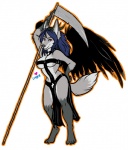 4_toes anthro athletic athletic_anthro athletic_female black_clothing black_dress black_wings blue_hair christianity clothing cross dress feathered_wings feathers feet female fluffy fluffy_tail front_view fur grey_body grey_fur grey_tail hair heart_symbol holding_melee_weapon holding_object holding_polearm holding_weapon melee_weapon multicolored_body multicolored_fur polearm red_eyes religion scythe snout solo spread_wings tail three-quarter_view toes weapon wings wishbone_mouth emberhart death_(personification) grim_reaper ira_invidia canid canine demon fox mammal