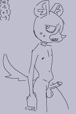 anthro balls biped erection foreskin genitals inner_ear_fluff looking_away male penis retracted_foreskin simple_background skinny_male solo spots tail tuft white_background big-fig aggretsuko sanrio haida_(aggretsuko) hyena mammal line_art monochrome sketch