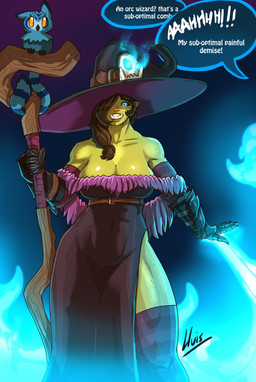 armor big_breasts blue_eyes breasts cleavage clothed clothing dialogue fangs female freckles front_view gauntlets gloves green_body green_skin hair hair_over_eye handwear legwear magic_user muscular muscular_female muscular_humanoid offscreen_character one_eye_obstructed solo speech_bubble staff standing stockings teeth thigh_highs lluisabadias avian bird humanoid orc owl 2023 absurd_res hi_res