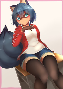 anthro black_body black_fur black_hair blue_body blue_eyes blue_fur blue_hair brown_body brown_fur clothed clothing female fluffy fluffy_tail fur glistening glistening_body glistening_fur glistening_hair hair jacket legwear multicolored_body multicolored_fur open_clothing open_jacket open_topwear sitting solo tail thigh_highs topwear neko_kaminari80 brand_new_animal studio_trigger michiru_kagemori canid canine mammal raccoon_dog tanuki 2020 hi_res