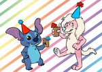 anthro beverage blue_body blue_claws blue_fur blue_nose blue_pawpads claws clothing duo female fingers fur hair hat headgear headwear holding_object long_ears male party party_hat pawpads paws pink_body pink_fur purple_inner_ear tuft white_body white_fur kurowolfboy disney lilo_and_stitch stitch_(lilo_and_stitch) tazzi alien canid canine canis domestic_dog experiment_(lilo_and_stitch) mammal poodle