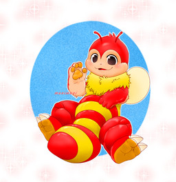 anthro black_eyes blue_background clothing gesture hand_on_belly happy headgear headwear hooves looking_at_viewer male mane mascot one_foot_raised open_mouth open_smile pawpads red_body red_cheeks simple_background sitting smile solo text waving wings yellow_body munimuni jollibee jollibee_(mascot) arthropod bee fairy hymenopteran insect absurd_res english_text hi_res