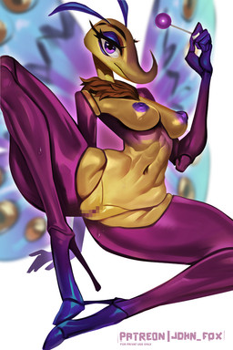 abs antennae_(anatomy) anthro bodily_fluids boots breasts candy censored_genitalia censored_vulva chest_tuft clothing dessert eyelashes female food footwear genital_fluids genitals high_heeled_boots high_heeled_feet high_heels insect_wings lepidopteran_wings lollipop looking_at_viewer nipples presenting presenting_vulva purple_nipples shoes snout solo spread_legs spreading teasing tuft vaginal_fluids vulva wings johnfoxart a_bug's_life disney pixar gypsy_(a_bug's_life) arthropod insect lepidopteran moth spongy_moth tussock_moth censored hi_res mosaic_censorship