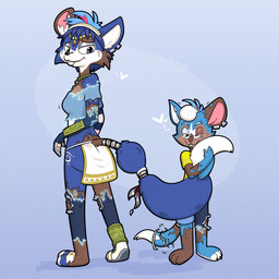abstract_background barefoot black_nose blue_body blue_eyes blue_fur brown_body brown_fur buckteeth clothing feet footwear fox_tail fur gender_transformation green_eyes heart_symbol markings mid_transformation mtf_transformation paws sandals shoes solo tail tail_wraps teeth transformation whisker_markings wraps trevor-fox nintendo star_fox krystal_(star_fox) marcus_mccloud trevor-fox_(character) canid canine fox mammal hi_res mother_(lore) nonbinary_(lore) parent_(lore) son_(lore)